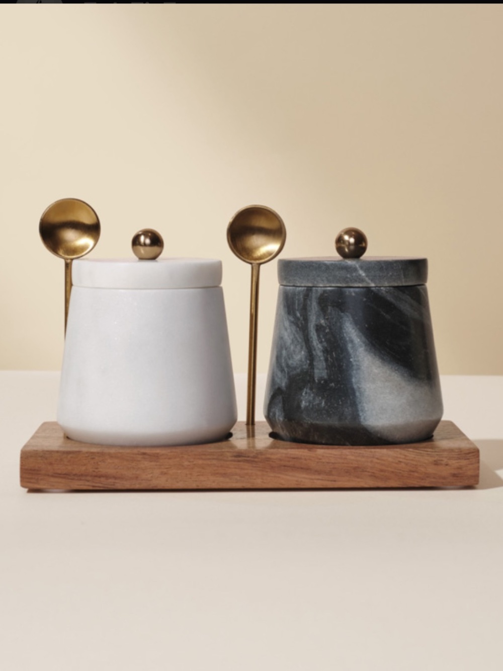 Cravings Chrissy Teigen Marble Condiment Set Jars Wood Tray Gold Spoons NIB